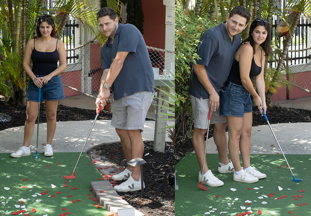 Jacob and Lauren play miniature golf together during their engagement photography session at Putt'n Around Delray Beach following a surprise marriage proposal in Delray Beach, Florida.