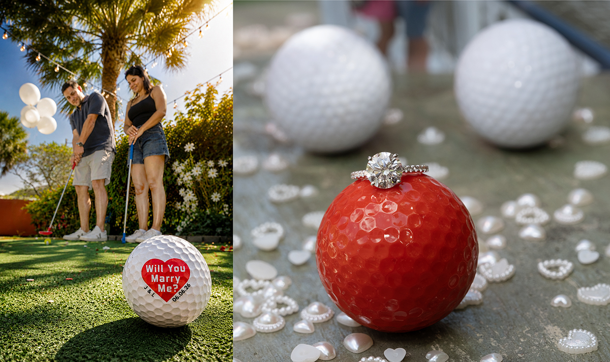Custom "Will You Marry Me?" golf ball and engagement ring photographed at Putt'n Around Delray Beach following Jacob and Lauren's surprise marriage proposal.