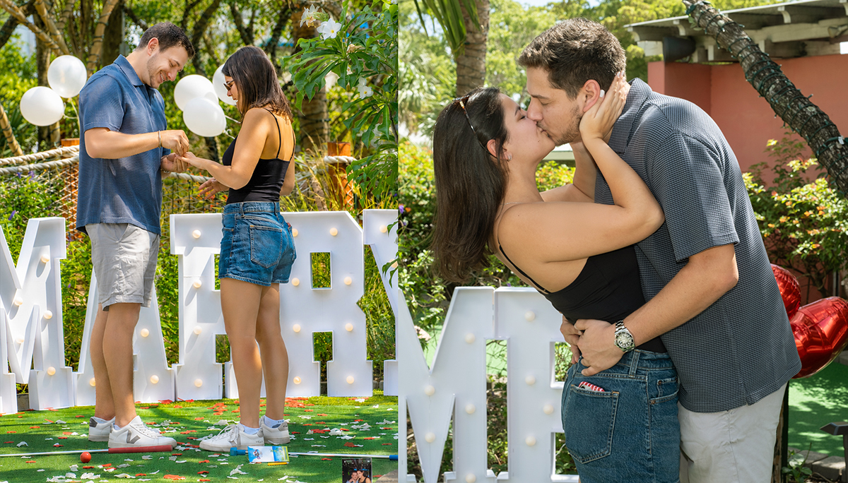 Jacob places an engagement ring on Lauren's finger before the newly engaged couple shares a kiss during their surprise proposal at Putt'n Around Delray Beach.
