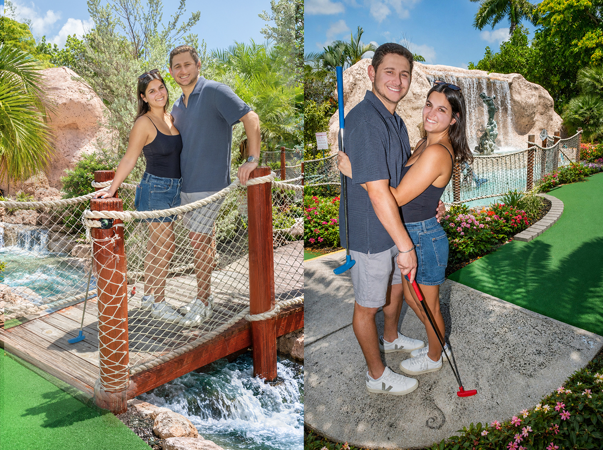 Newly engaged couple Jacob and Lauren pose on a bridge and beside a waterfall while playing miniature golf at Putt’n Around Delray Beach after their surprise marriage proposal.