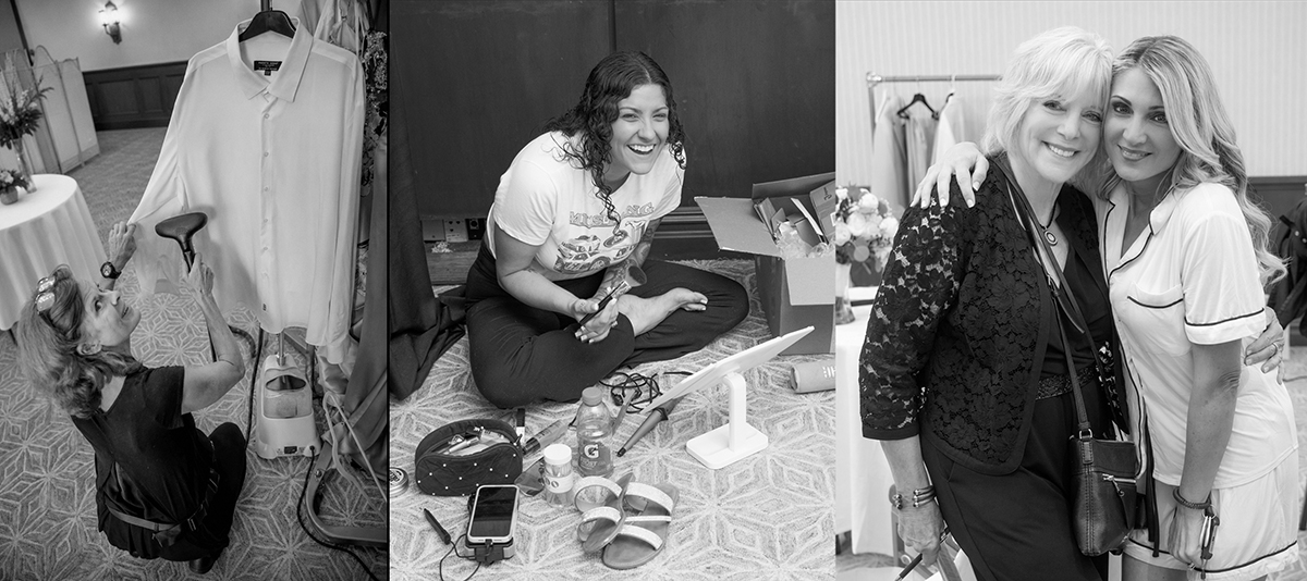 Behind-the-scenes wedding preparation photos showing dress steaming, a bridesmaid getting ready, and wedding planner Joni Scalzo with the bride's mother before a South Florida Catholic wedding.