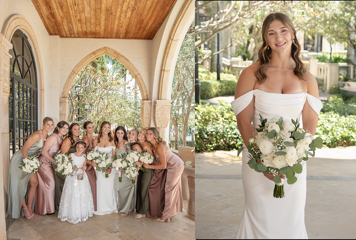 Bride Catarina poses with her bridesmaids and in an individual bridal portrait at The Boca Raton before her South Florida Catholic wedding ceremony.