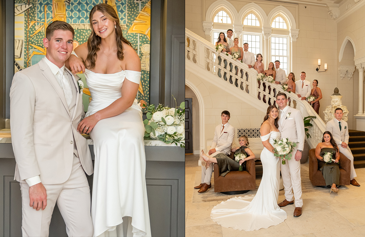 Catarina and David pose with their wedding party on the grand staircase inside The Boca Raton after their Catholic wedding ceremony.