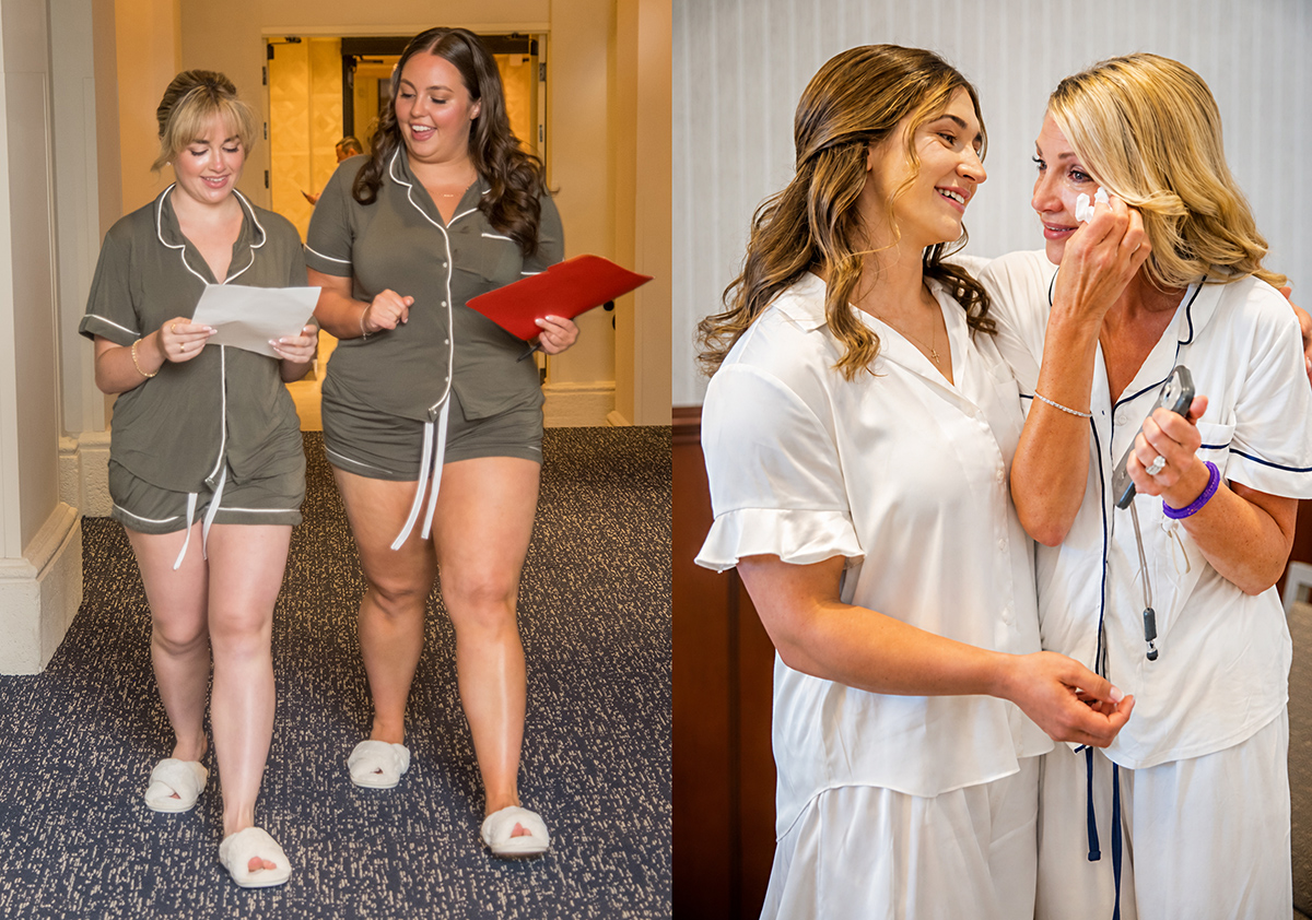 Maid and matron of honor carrying their freshly written wedding toasts while bride Catarina shares an emotional getting-ready moment with her mother at The Boca Raton.
