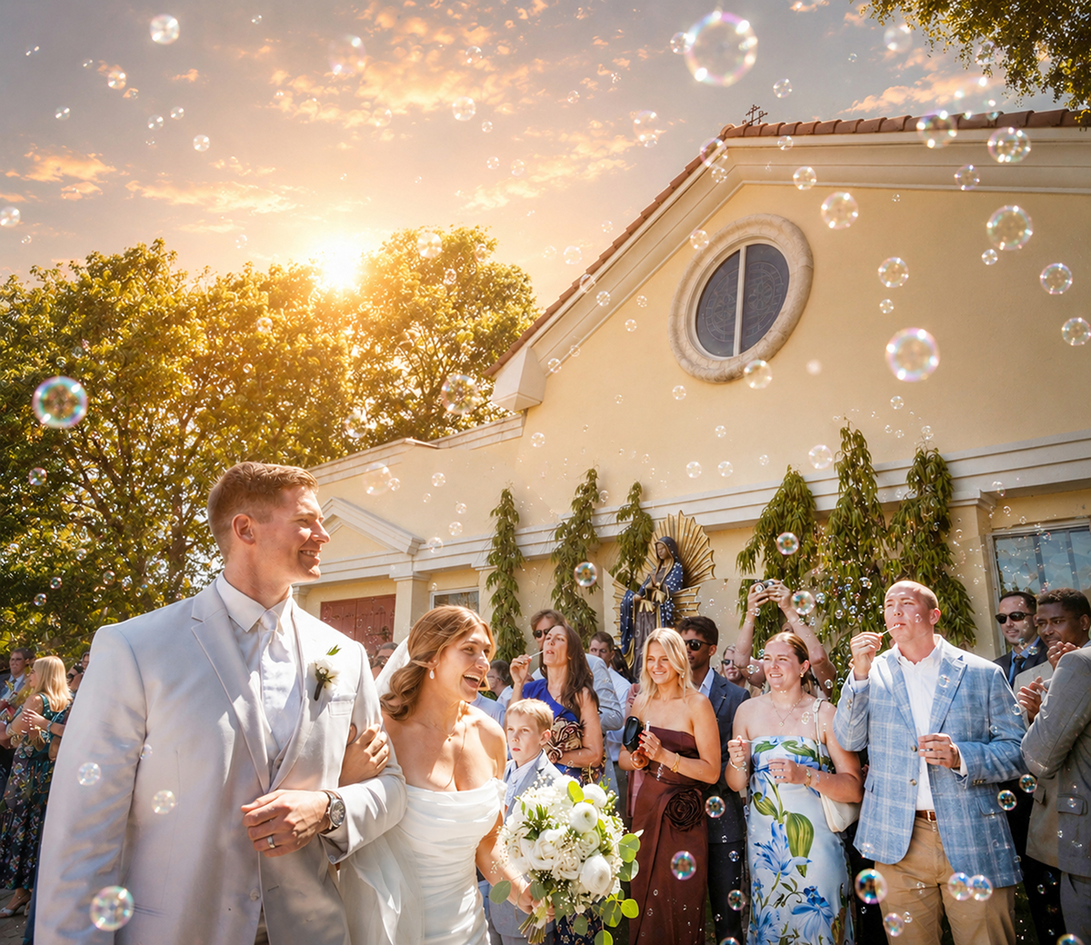 Catarina and David walk through a bubble send-off with wedding guests outside Our Lady of Mercy Catholic Church in South Florida.