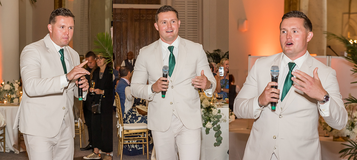 The best man delivers a heartfelt wedding toast during Catarina and David's reception at The Boca Raton, speaking with confidence and emotion.