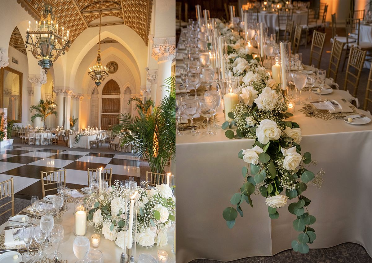 The beautifully decorated Cathedral Ballroom at The Boca Raton featuring elegant floral centerpieces, candlelight, and luxurious reception décor before guests entered the ballroom.