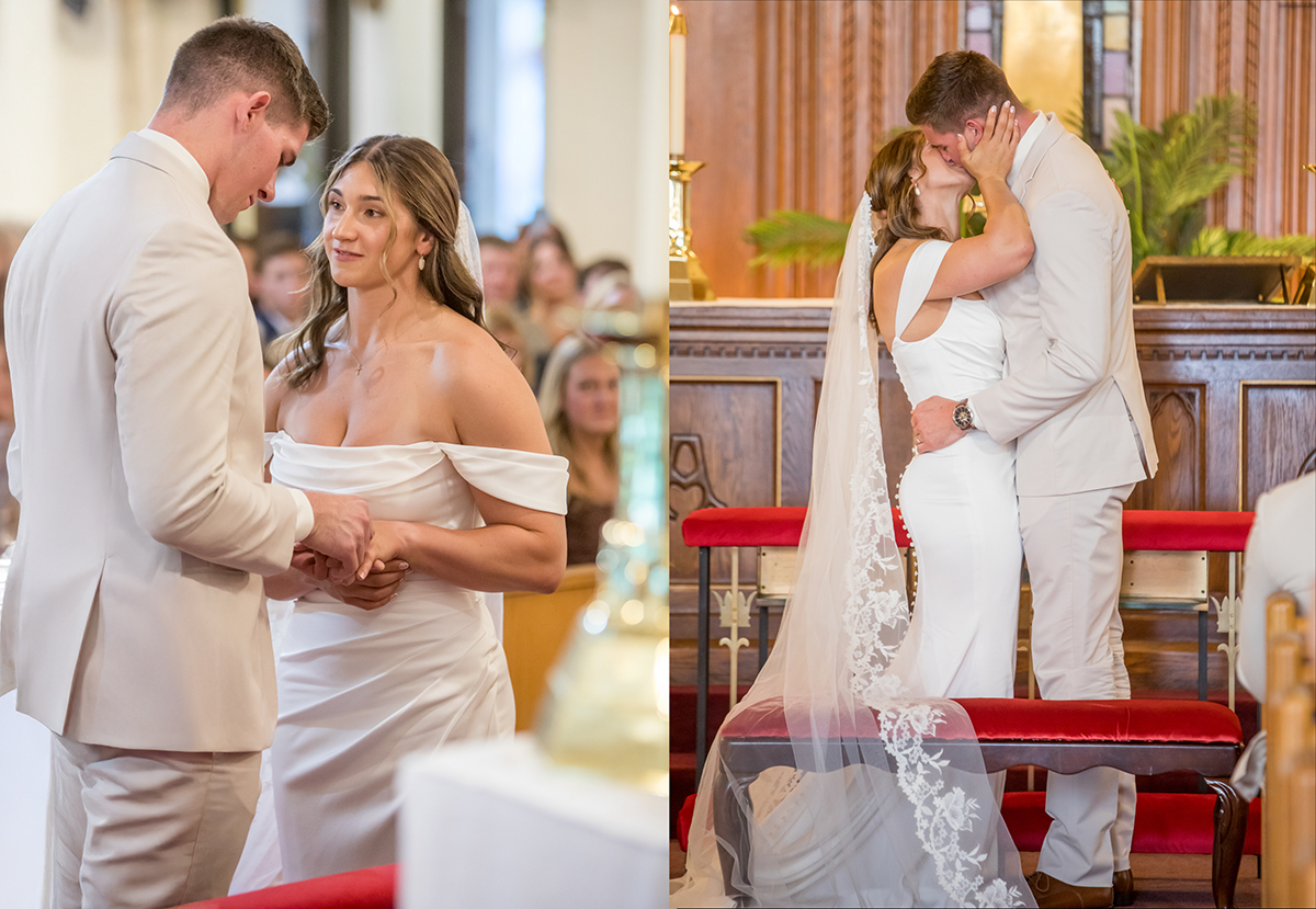 Catarina and David exchange wedding rings and share their First Kiss during their Catholic wedding ceremony at Our Lady of Mercy Catholic Church in South Florida.