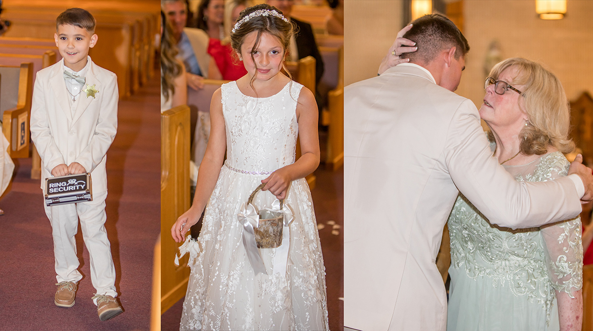 Ring bearer and flower girl walking down the aisle during Catarina and David’s Catholic wedding ceremony, followed by an emotional family moment with the groom.