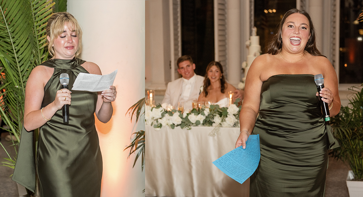 A bridesmaid delivers an emotional and heartfelt wedding toast during Catarina and David's reception at The Boca Raton, smiling through moments of laughter and emotion.