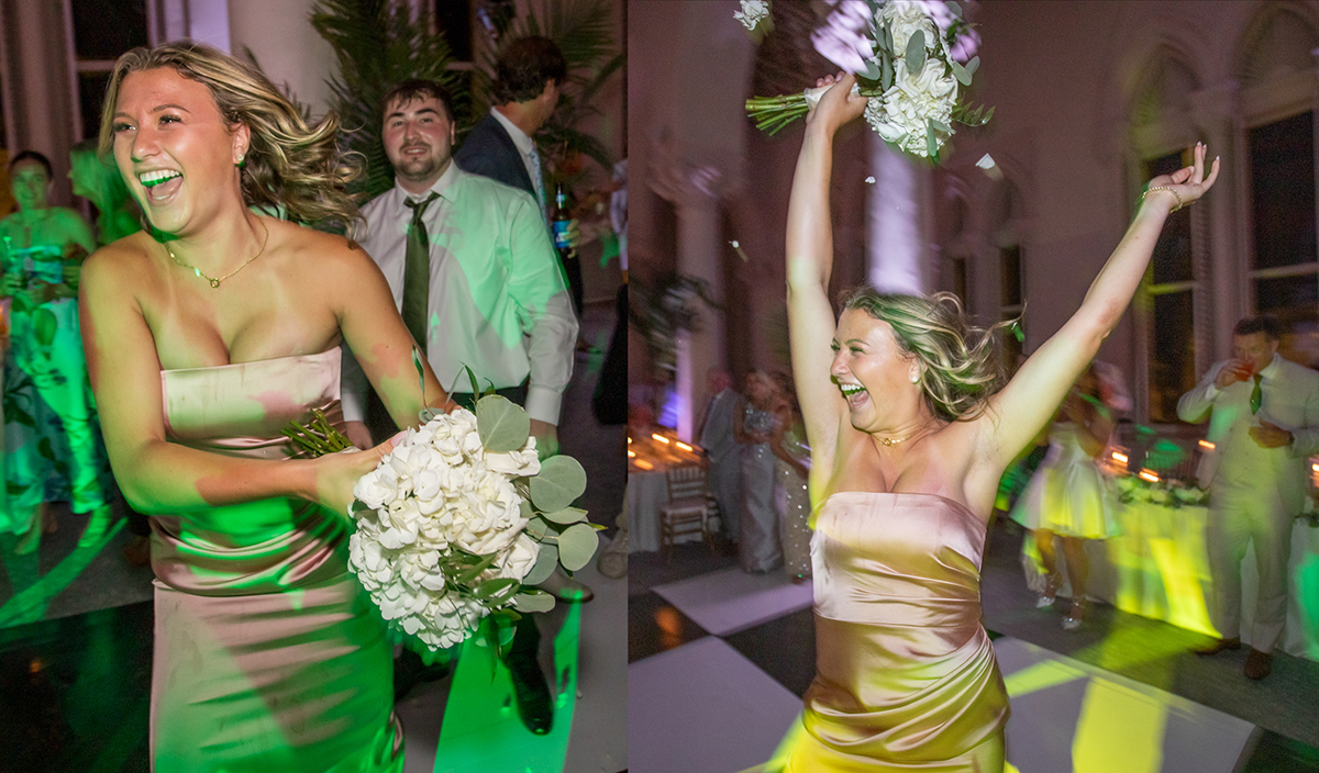 Wedding guest celebrates after catching the bridal bouquet during the reception at The Boca Raton.