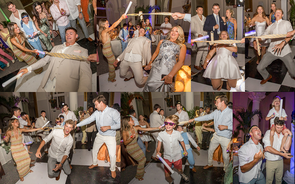 Wedding guests, the bride, and the groom laugh and participate in a lively limbo competition during the reception at The Boca Raton in South Florida.