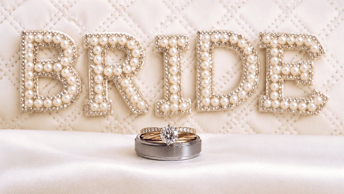 Bride and groom's wedding rings photographed creatively in the bridal suite before a South Florida Catholic wedding ceremony.