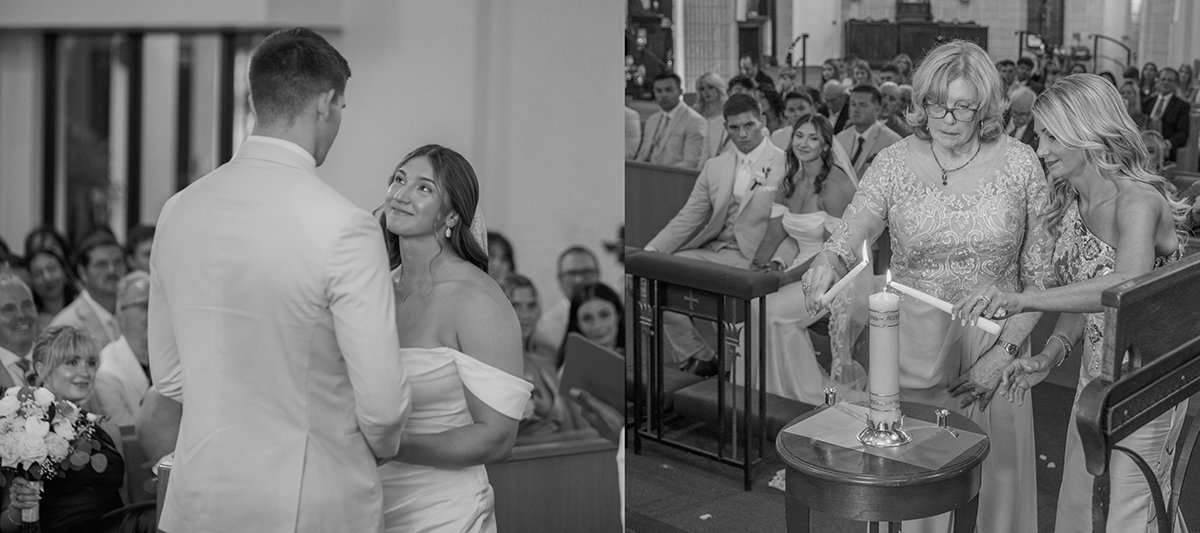 Black-and-white photographs from a Catholic wedding ceremony showing the bride and groom exchanging emotional glances and family members participating in the Unity Candle ceremony.