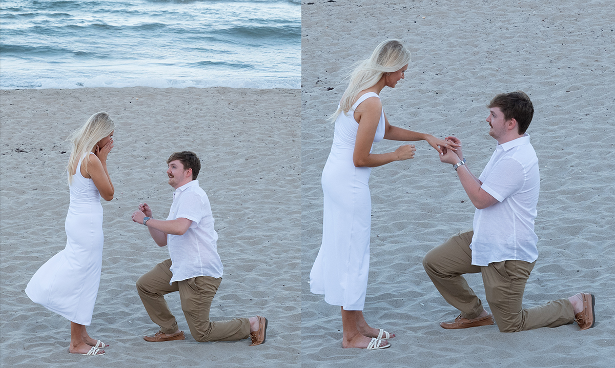 Josh proposing to Rachael on a Boca Raton beach photographed from a lifeguard tower
