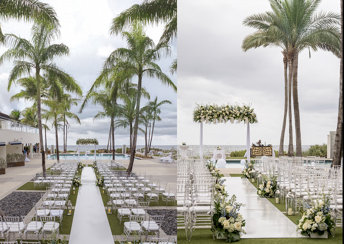 Oceanfront wedding ceremony setup with white aisle, flowers, clear chairs, palm trees, and Atlantic Ocean at The Boca Raton Beach Club.