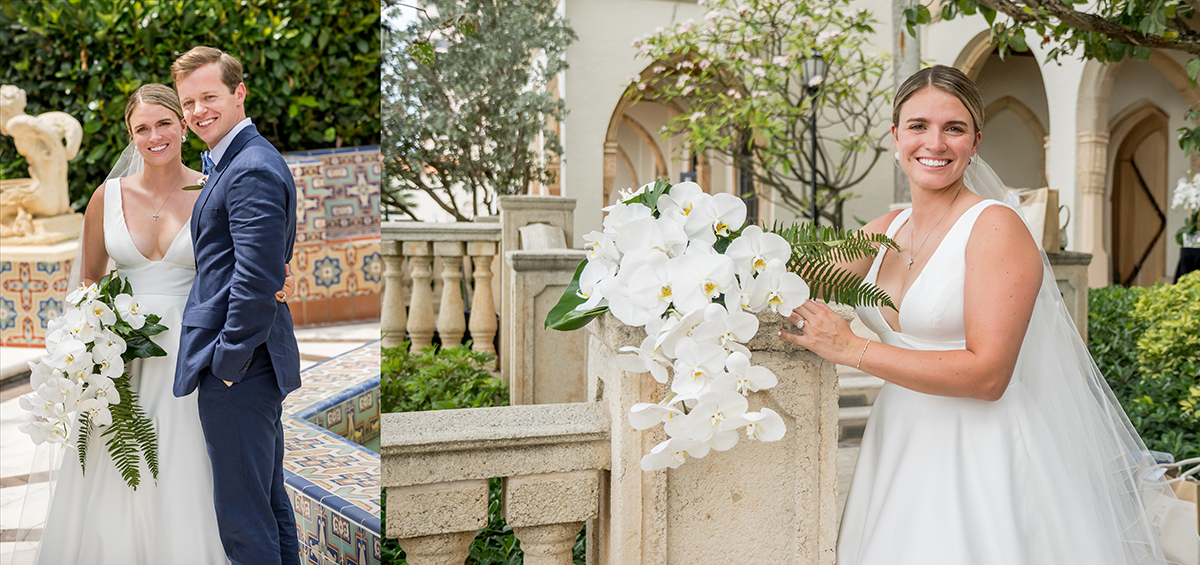 Katie and Jack posing for wedding portraits among the architecture and gardens at The Boca Raton.