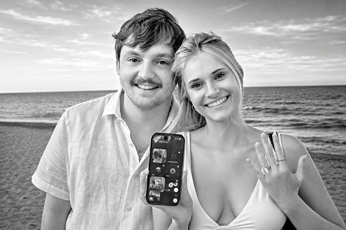 Josh and Rachael showing her engagement ring while sharing their Boca Raton proposal news on a group video call