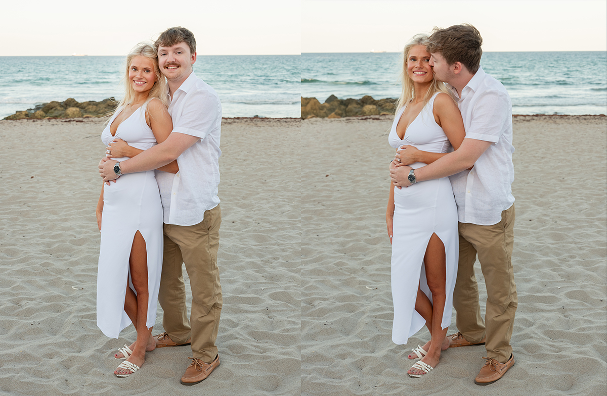 Josh and Rachael posing together on a Boca Raton beach after their marriage proposal