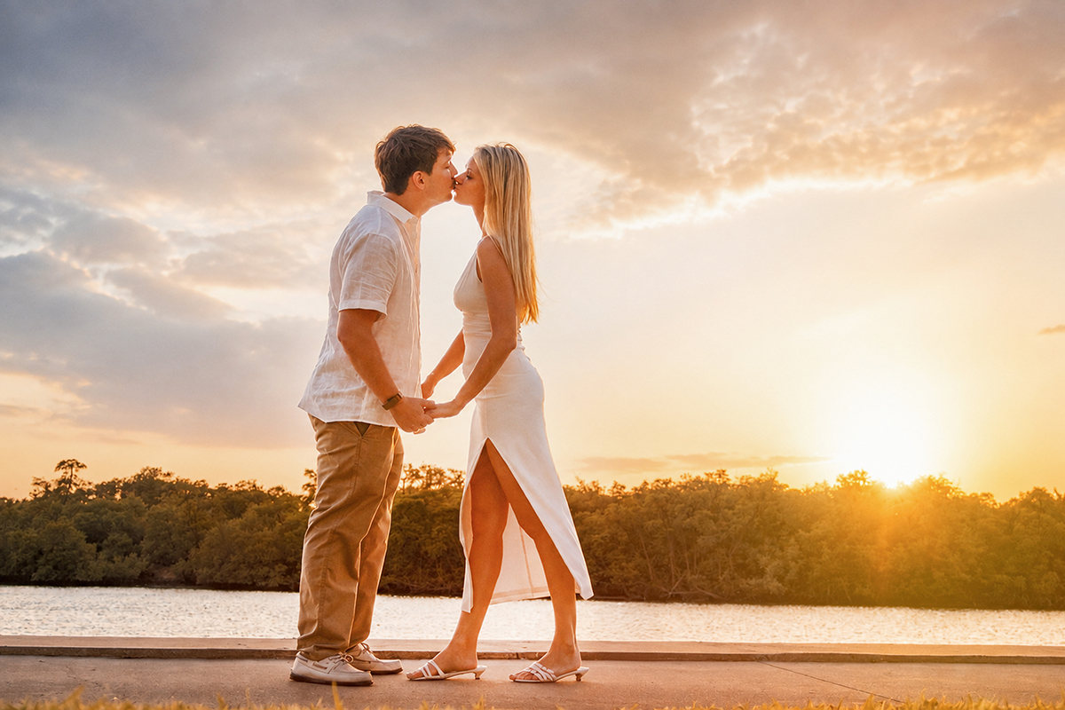 Josh and Rachael kissing at sunset along the Intracoastal Waterway after their Boca Raton proposal