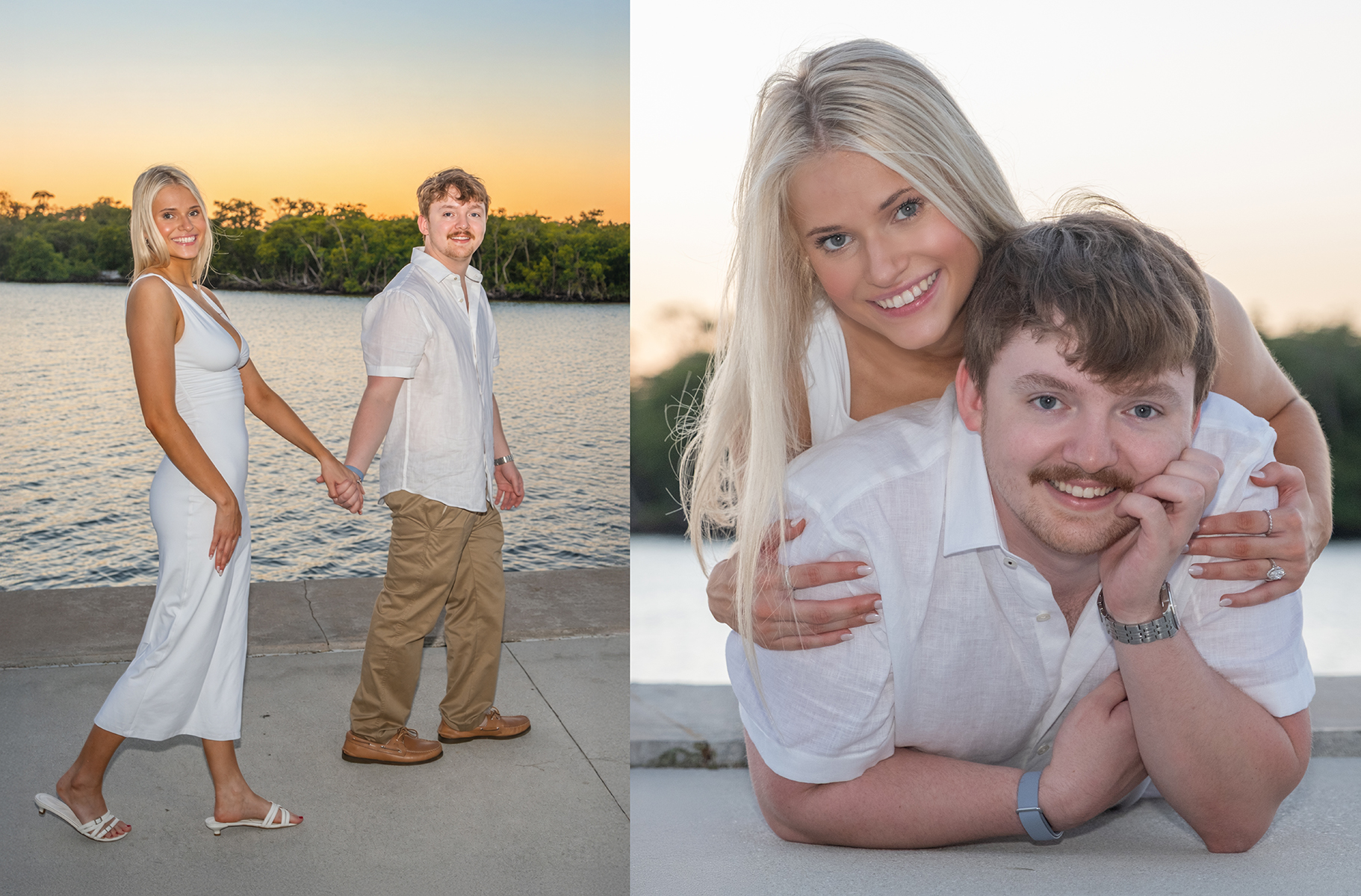 Josh and Rachael in two creative engagement poses beside the Intracoastal Waterway in Boca Raton