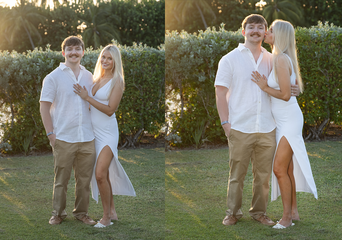 Josh and Rachael posing for sunset engagement portraits at Red Reef Park in Boca Raton