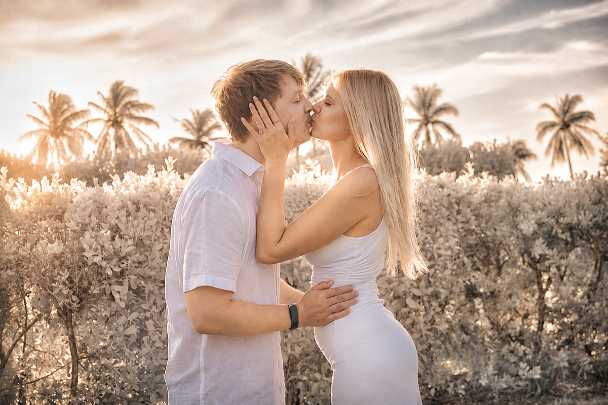 Infrared sunset portrait of Josh and Rachael kissing at Red Reef Park in Boca Raton