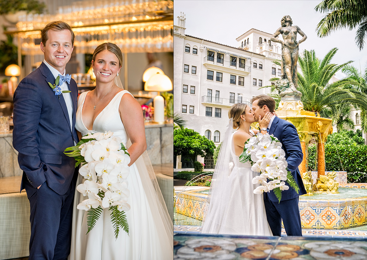 Bride and groom portraits inside The Boca Raton and beside the iconic fountain at the front of the resort.