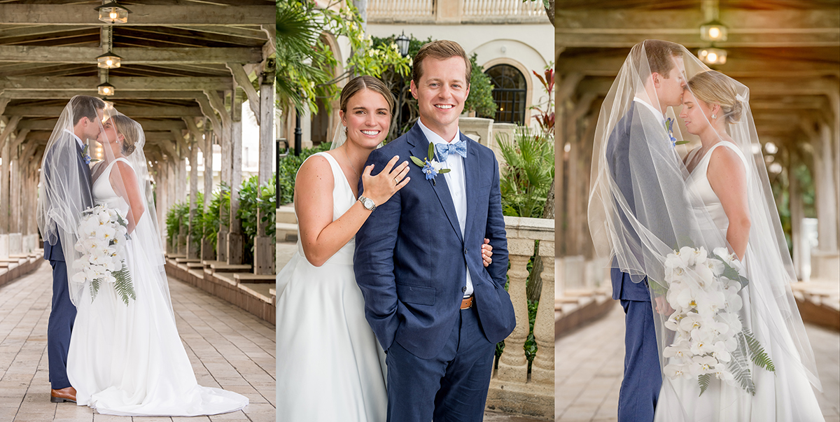 Katie and Jack posing for elegant wedding portraits at the main resort of The Boca Raton after taking the boat from the Beach Club.