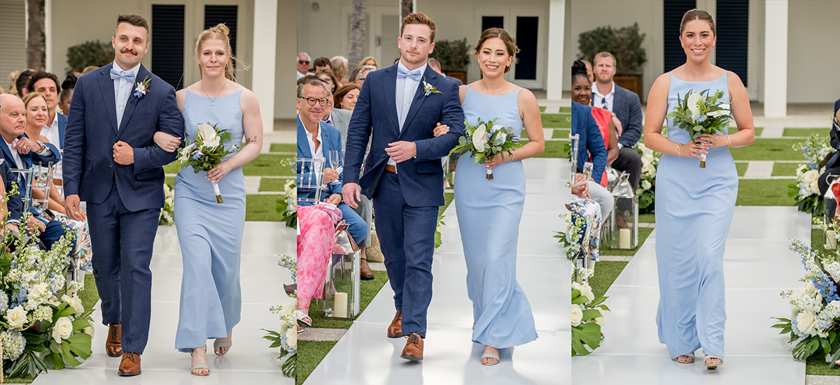 Bridesmaids and groomsmen walking down the aisle during an oceanfront wedding ceremony at The Boca Raton Beach Club.