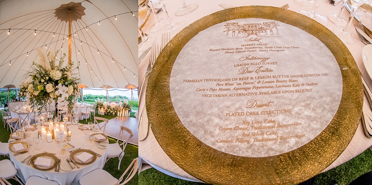 Elegant tented wedding reception at The Boca Raton Beach Club with candlelit tables, white florals, string lights, and custom place settings.