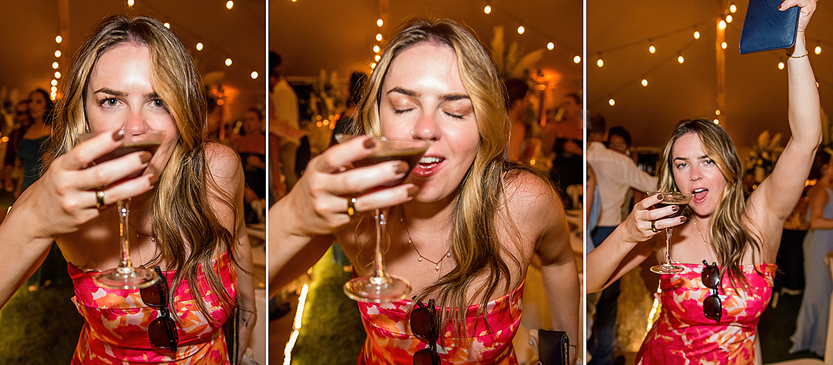 Wedding guest celebrating with a cocktail during a lively reception at The Boca Raton Beach Club.