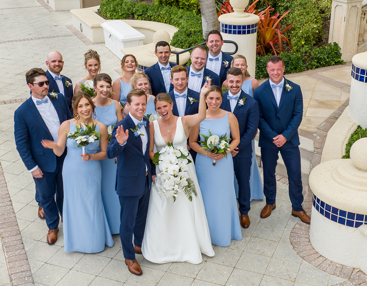 Aerial wedding party portrait of Katie and Jack with their bridesmaids and groomsmen at The Boca Raton.