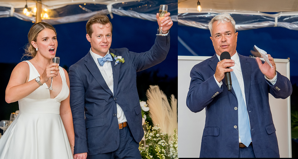 Katie and Jack react as the father of the bride gives his toast during their wedding reception at The Boca Raton Beach Club.