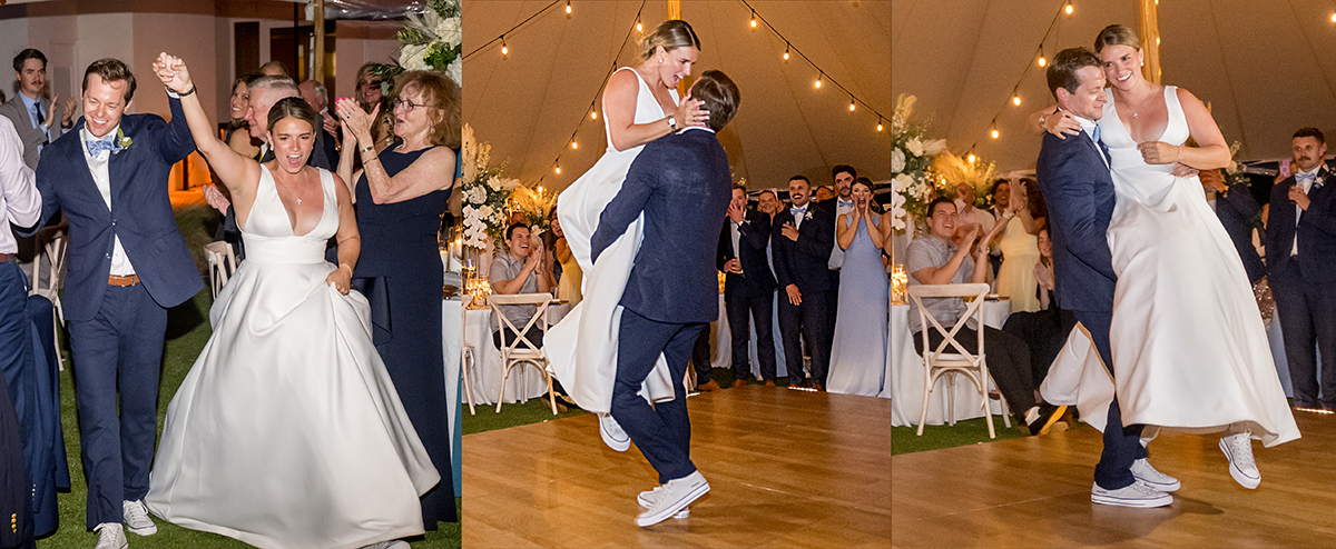 Katie and Jack celebrating their grand entrance into their tented wedding reception at The Boca Raton Beach Club.