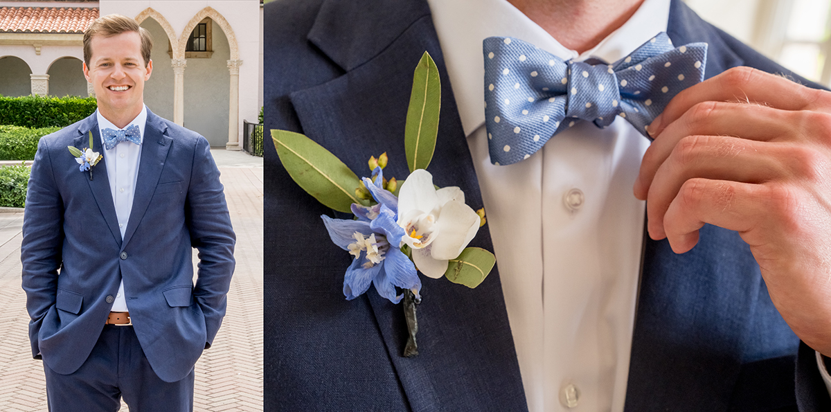 Groom portrait of Jack in a navy suit and blue bow tie before his wedding at The Boca Raton.