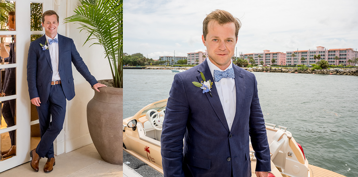 Groom preparing to take the boat across the Intracoastal Waterway for his first look at The Boca Raton Beach Club.