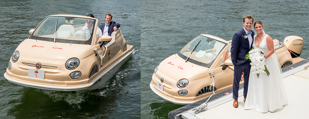 Groom arriving by boat to meet his bride for their waterfront first look at The Boca Raton Beach Club.