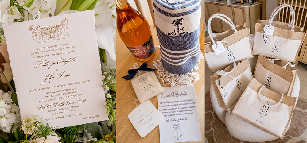 Wedding invitation and personalized welcome gifts from Katie and Jack’s luxury wedding at The Boca Raton.