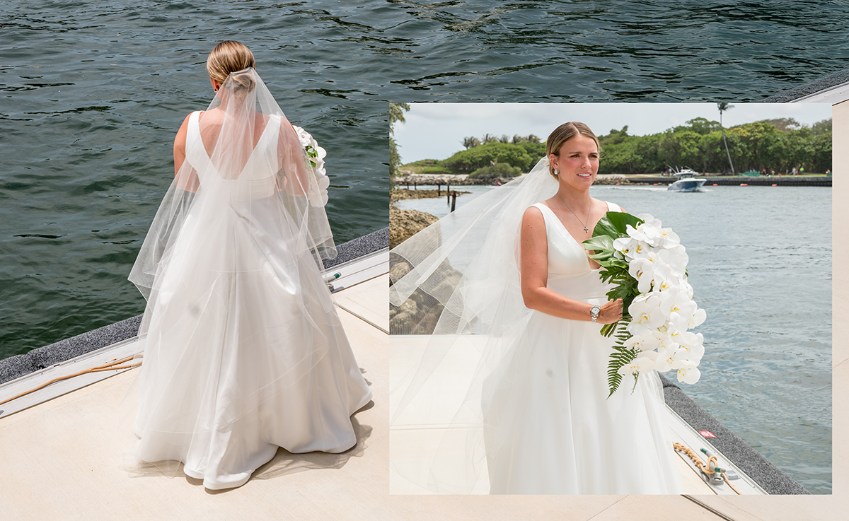 Bride waiting on the waterfront dock at The Boca Raton Beach Club for her groom to arrive by boat for their first look.