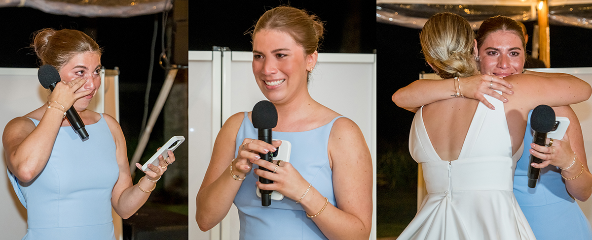 Katie’s maid of honor becomes emotional during her wedding toast before sharing a hug with the bride at The Boca Raton Beach Club reception.