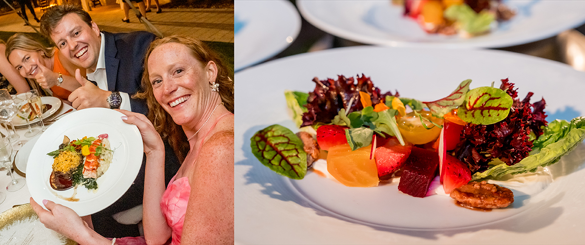 Wedding dinner featuring a colorful salad and steak and lobster entrée during Katie and Jack’s reception at The Boca Raton Beach Club.