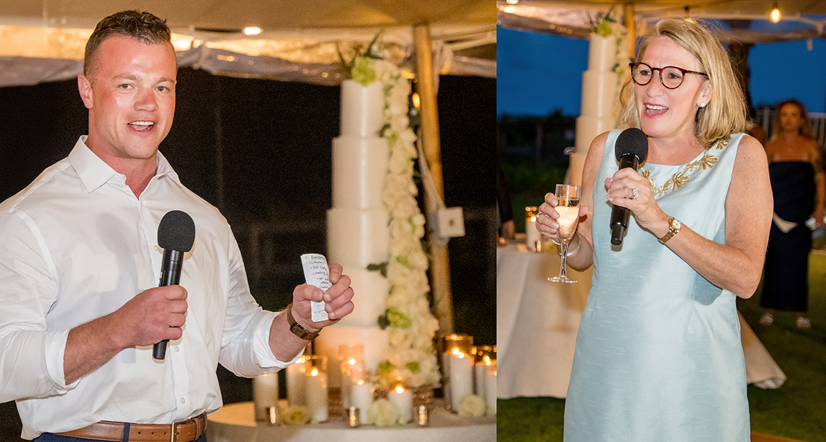 Family and friends giving wedding toasts during Katie and Jack’s reception at The Boca Raton Beach Club.