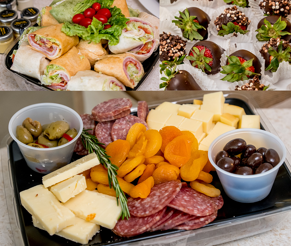 Sandwiches, charcuterie, and chocolate-covered strawberries served while the bridal party gets ready at The Boca Raton.