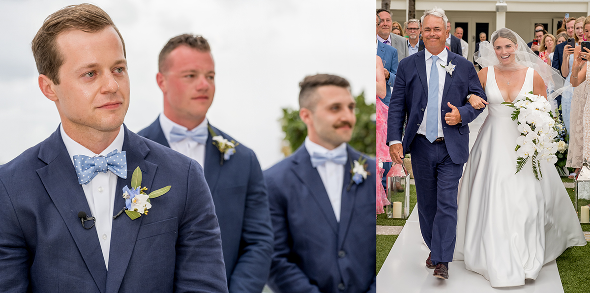 Jack watches Katie walk down the aisle with her father during their wedding ceremony at The Boca Raton Beach Club.